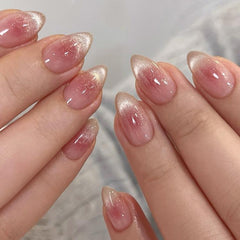30pcs /Pack Jelly Pink Cat Eye Press on Nails Short Almond Glossy Magnetic Fake Nails, Translucent Ombre Glitter Glue on Nails for Women