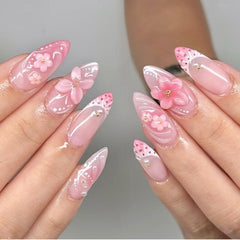 24Pcs /Set 3D Flower Press on Nails Pink Ombre Almond Fake Nails Sweet Style Manicure Kit for Women