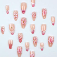 24Pcs /Set 3D Flower Press on Nails Pink Ombre Almond Fake Nails Sweet Style Manicure Kit for Women