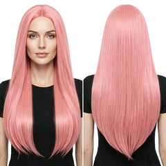 80cm Cosplay Versatile Center-Parted Long Straight Wig, Gold, Smoky Pink, Blue-black, Orange-red, Black-blue, Earthy Yellow, Dark Green, Light Pink, Light Green