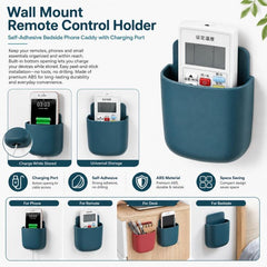 Wall Mount Remote Control Holder Self-Adhesive Bedside Phone Caddy Universal Storage Box Organizer with Charging Port