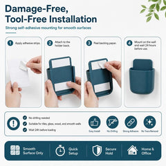 Wall Mount Remote Control Holder Self-Adhesive Bedside Phone Caddy Universal Storage Box Organizer with Charging Port