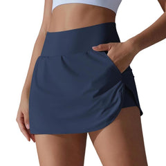 High-Waisted Form-Fitting Two-Piece Style Tennis Skirt With Back Pockets, L, XL