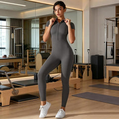 Zippered High-stretch Short-sleeved Bodysuit For Fitness Yoga, XL