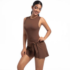 Anti-Exposure Tennis Skirt Bodysuit Breathable Fitness Yoga Wear, S, M