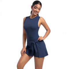 Anti-Exposure Tennis Skirt Bodysuit Breathable Fitness Yoga Wear, L, XL