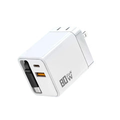 80W GaN Wall Charger With Built-In Retractable USB-C Cable 3-Port Fast Charging Block, US Plug, EU Plug, UK Plug