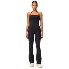 Hip-Lift Halter One-Piece Yoga Jumpsuit, Women Casual Flared Fitness Yoga Outfit, S, M