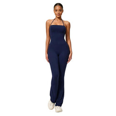 Hip-Lift Halter One-Piece Yoga Jumpsuit, Women Casual Flared Fitness Yoga Outfit, S, M