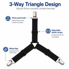 4pcs /Pack Bed Sheet Fasteners 3-Way Triangle Sheet Straps Adjustable Elastic Mattress Sheet Holder Straps with Metal Clips & Fabric Protectors