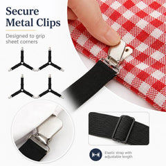 4pcs /Pack Bed Sheet Fasteners 3-Way Triangle Sheet Straps Adjustable Elastic Mattress Sheet Holder Straps with Metal Clips & Fabric Protectors
