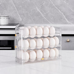 30 Eggs Holder for Refrigerator Door, 3-Tier Flip-Up Egg Storage Container with Sliding Date Tracker, Clear Space-Saving Egg Dispenser Rack