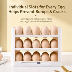 30 Eggs Holder for Refrigerator Door, 3-Tier Flip-Up Egg Storage Container with Sliding Date Tracker, Clear Space-Saving Egg Dispenser Rack