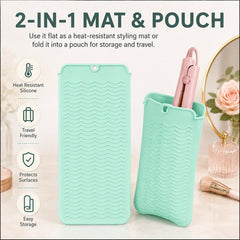 Heat Resistant Silicone Mat Pouch for Curling Iron & Flat Iron 2-in-1 Hot Hair Tool Travel Bag Organizer Non-Slip Double-Sided Wave Countertop Protective Pad for Hair Straightener