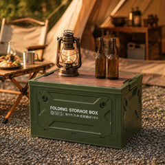 Collapsible Storage Bin with MDF Wooden Lid 5-Door Open Plastic Folding Storage Box Crate for Camping & Car Trunk, 49 x 35 x 29cm, 41 x 29 x 24.5cm