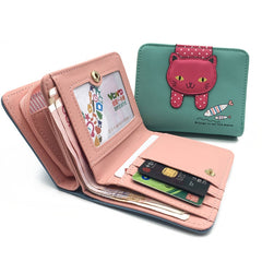 Women Cute Cat Wallet Small Zipper Wallet PU Leather Coin Purse Card Holder, Cat Black, Cat Blue, Cat Green, Cat Pink, Cat Rose Red