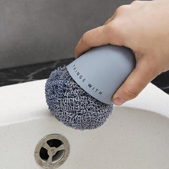 Polyester Cleaning Ball Household Handle Cleaning Brush Kitchen Short Handle Dishwashing Pot Brush, White, Blue, 4 Replacement Heads