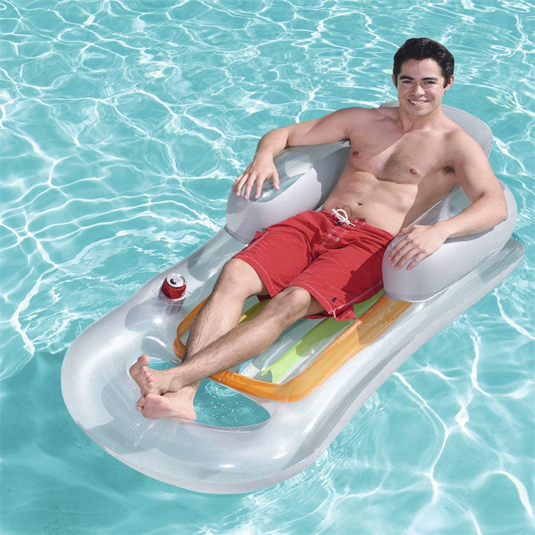 Single Water Inflatable Bed Back Luxury Chair Adult Inflatable Floating Row with Armrest & Cup Hole, 161 x 84cm (Transparent)