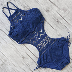 Sexy One Piece Solid Color Backless Hollow Lace Tight Swimsuit for Women, M, S, L