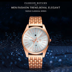 YAZOLE 368 Men Fashion Business Steel Strap Band Quartz Wrist Watch, Luminous Points