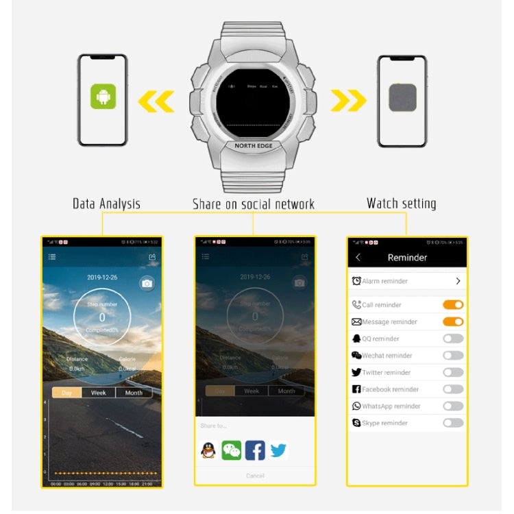 NORTH EDGE AK Bluetooth Multi-function Smart Watch with LED Backlit, Support Incoming Call Reminder, Smart Stopwatch, Information Reminder, AK