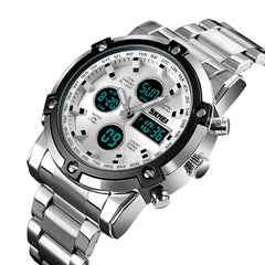 SKMEI 1389 Multifunctional Men Business Digital Watch 30m Waterproof Large Dial Wrist Watch with Stainless Steel Watchband , 1389 Silver, 1389 Black, 1389 Blue