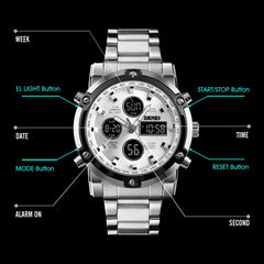 SKMEI 1389 Multifunctional Men Business Digital Watch 30m Waterproof Large Dial Wrist Watch with Stainless Steel Watchband , 1389 Silver, 1389 Black, 1389 Blue